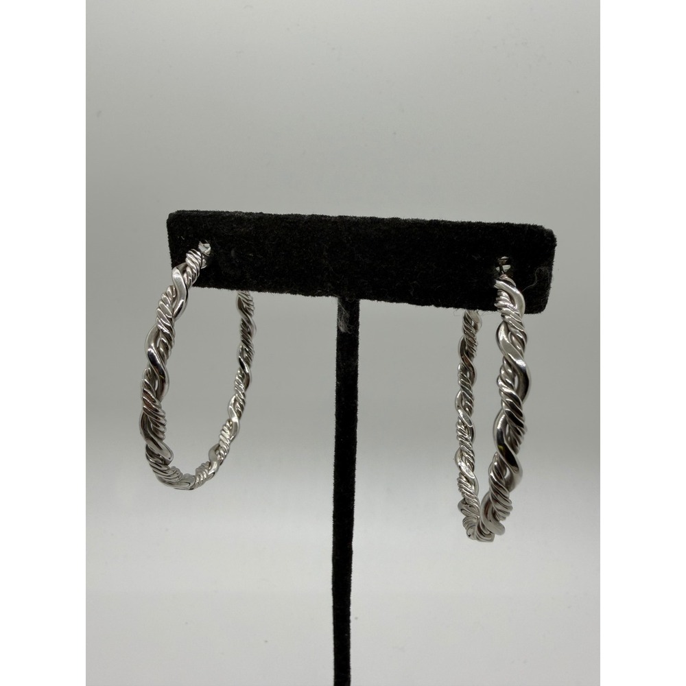 Silver Tone Twisted Rope Hoop Earrings Textured Braided High Polish Click Top